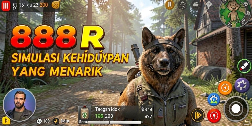 Screenshot utama 888R menampilkan karakter menjelajahi dunia simulasi yang kaya.