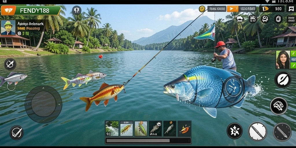 Screenshot gameplay FENDY188 dengan pemandangan memancing yang indah.