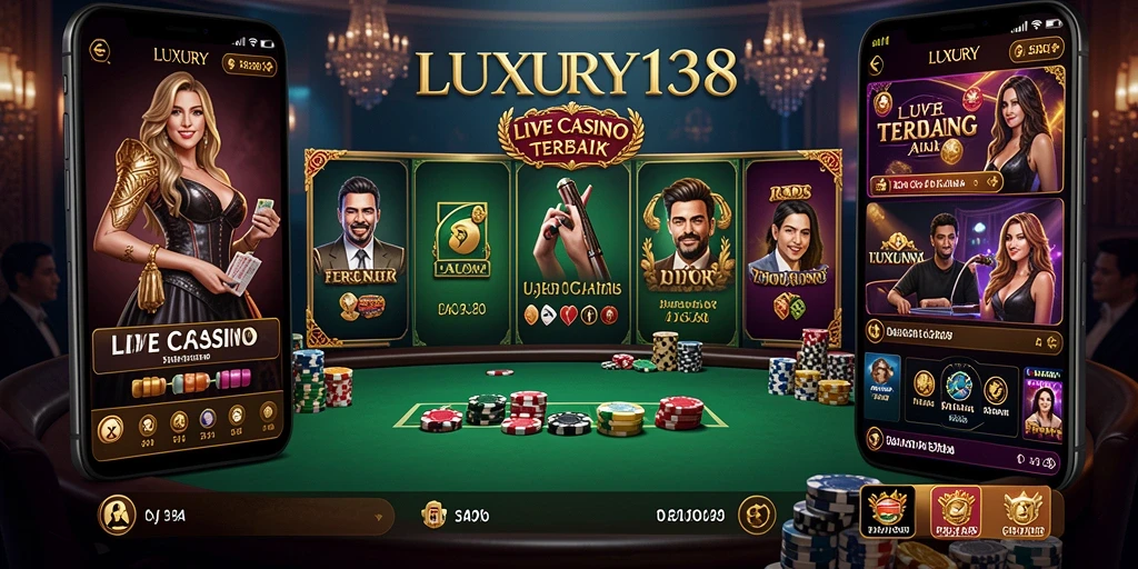 Screenshot gameplay Live Casino yang menampilkan dealer dan meja permainan.